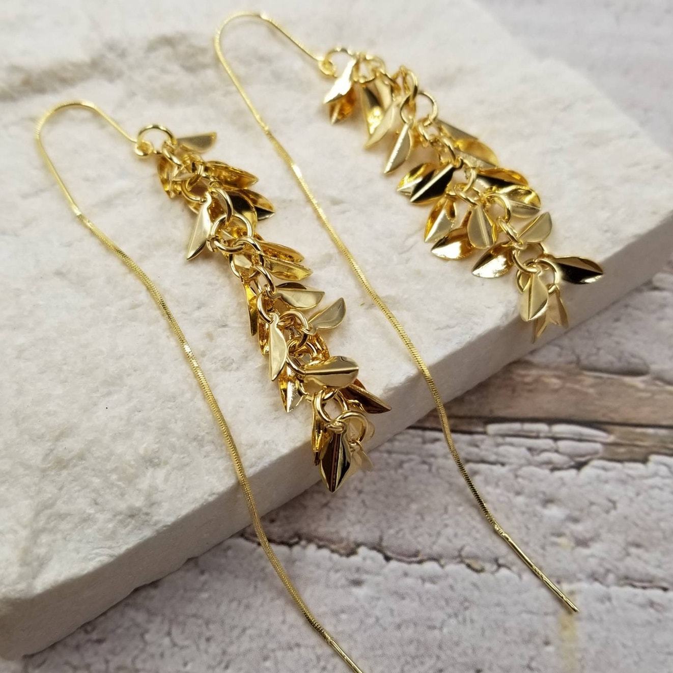Fall Wheat Ear Long Threader Tassel Earrings Gold