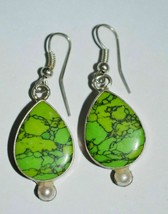 VINTAGE SILVER PLATED GREEN TURQUOISE PEARL EARRINGS - £15.71 GBP