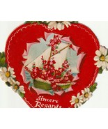 Red Heart With Boat and Flowers Antique Valentine Card - $5.00