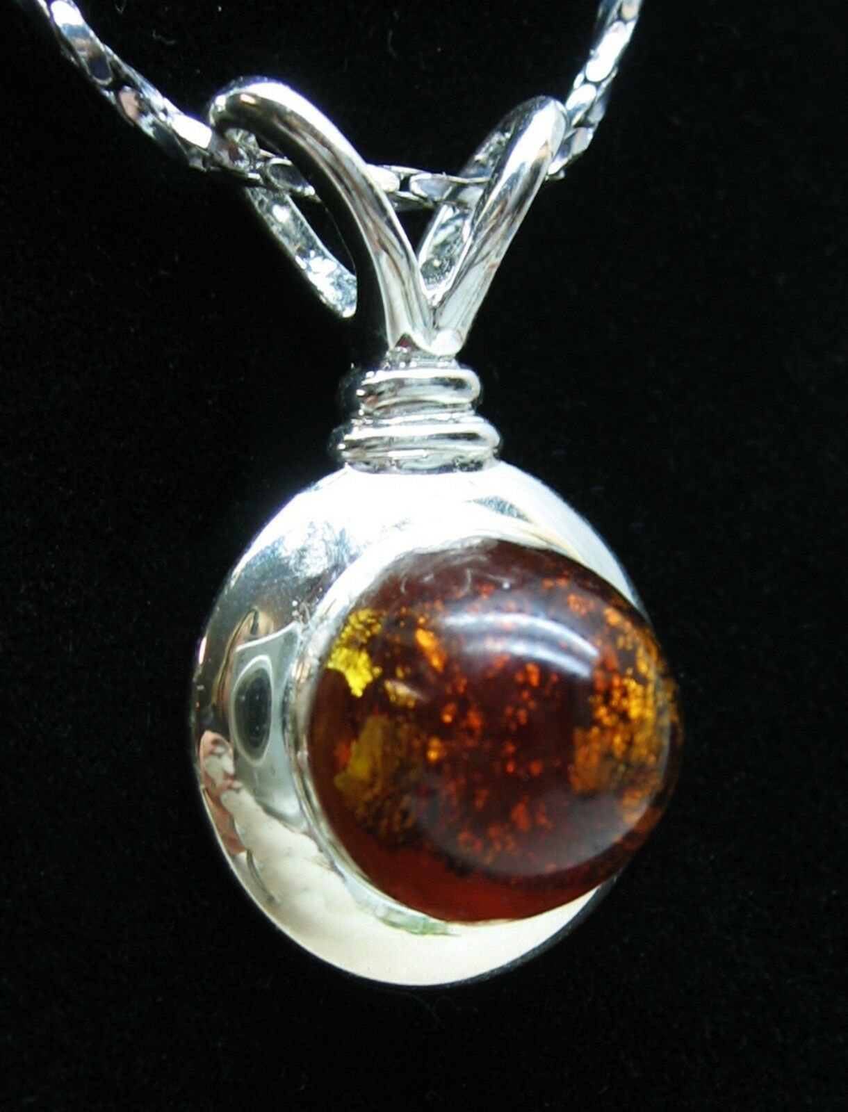 FOILED CABOCHON Pendant NECKLACE Vintage Golden Brown  Plastic Silvertone Item image 8