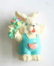Cute Bunny Rabbit in Overalls with Flowers Brooch  1970s vintage 1 1/2&quot; - £9.66 GBP