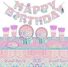 Mermaid Birthday Party Supplies Serve 20 Pink 122 Pieces Mermaid Theme Tableware - £29.28 GBP