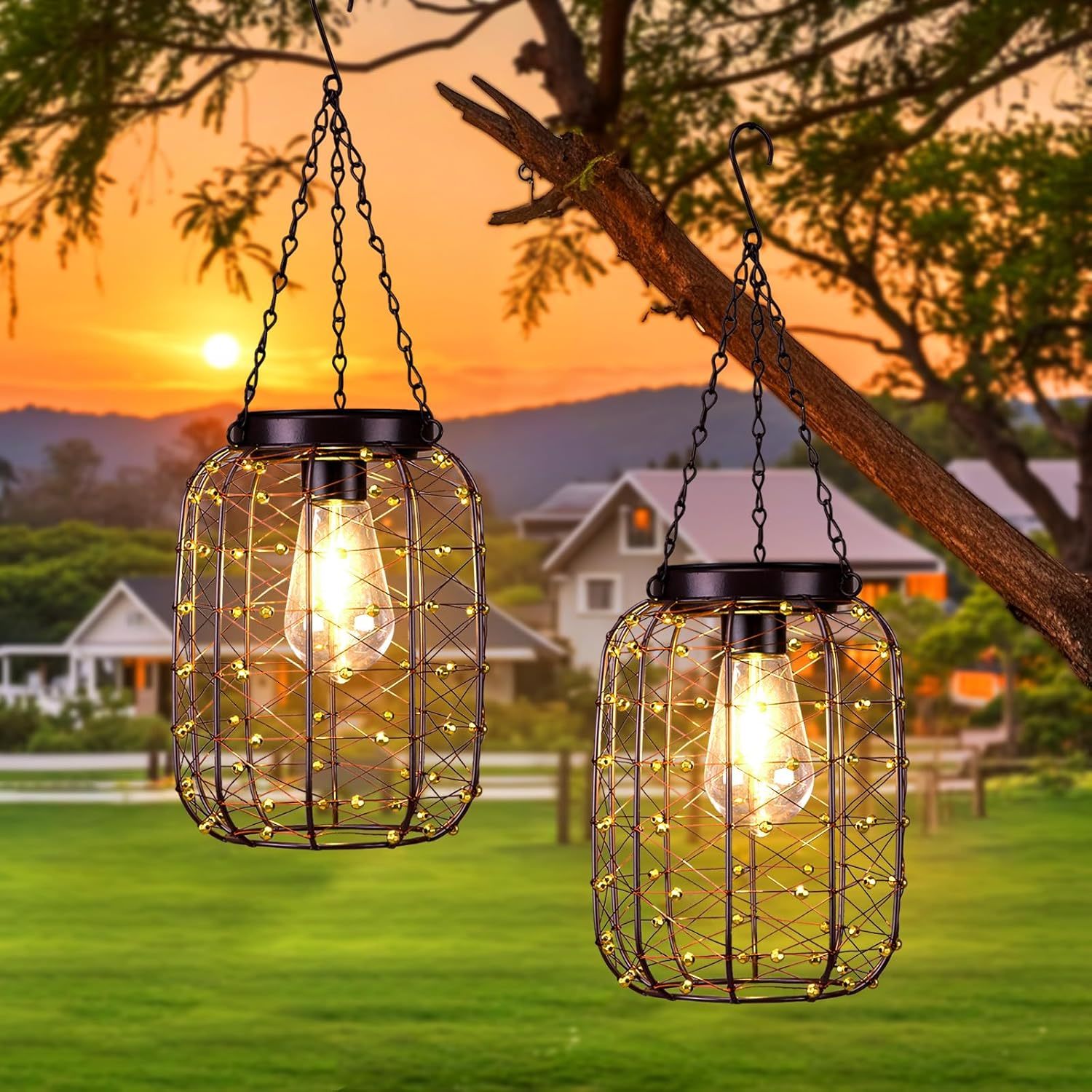 Hanging Solar Lanterns Outdoor Waterproof, Vintage Copper Hanging, 2 Pack - $44.95