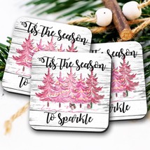 Pink Christmas Farmhouse Coasters, Pink Christmas Tree Coasters, Tis The Season  - £3.19 GBP