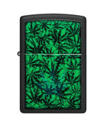 Zippo Lighter - Black Light Green Leaf on Black Matte - 48736 - $32.76