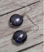 Foil Glass Puffed Disk Pierced Earrings Fish Hook Handmade Purple Silver... - $12.86