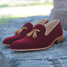 New Men Maroon Suede Loafer Brown Tassels &amp; Outline Genuine Leather Shoes - £115.07 GBP