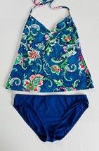 Ralph Lauren Sz 12 Halter Tankini Bikini Swimsuit Blue Floral Stretch Su... - $24.91