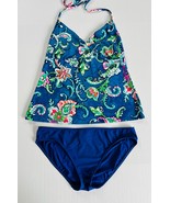 Ralph Lauren Sz 12 Halter Tankini Bikini Swimsuit Blue Floral Stretch Su... - €21,63 EUR