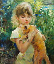 Art oil painting beautiful charm little girl with cat landscape hand pai... - $70.11
