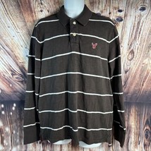 American Eagle Mens Size Large Brown White Stripe Long Sleeve Button Polo Shirt - £18.57 GBP
