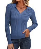 GRACE KARIN Women&#39;s 2XL Denim Blue Pullover Sweater V Neck Knit New - $211.24 MXN