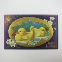 Easter Postcard Yellow Chicks Swim Flowers Purple Gold Embossed Antique 1911 - £11.77 GBP
