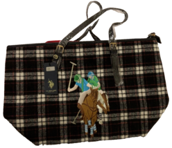 U.S. Polo Association 90s Women&#39;s Black White Sewn Logo Plaid Handbag Tag - $14.36