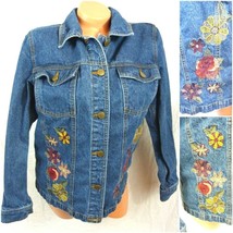 Denim &amp; Co Size Small Blue Jean Jacket Embroidered Flowers - £26.32 GBP