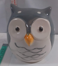 Ceramic White/ Gray Owl Piggy Bank Figurine 3-1/2 tall has white poka do... - £9.49 GBP