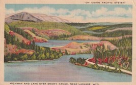 Highway &amp; Lake over Snowy Range near Laramie Wyoming WY 1945 Sidney Postcard D47 - £2.35 GBP