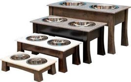 Double Dish Modern Elevated Dog Feeder - Brown Maple Wood Corian Top And Bowls - £93.48 GBP
