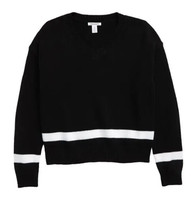 Nwt Nordstrom Kids&#39; Stripe Boxy V-neck Sweater In Black- White Stripe Size L - £15.62 GBP