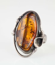 Vintage Femmes Ambre Argent Sterling Floral Taille Bague 7 - $183.74