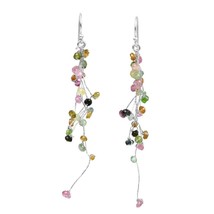 Multicolor Icicle Drop Natural Tourmaline Cluster Sterling Silver Earrings - £17.77 GBP