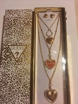Guess Crystal Three Layered Heart Love Charm Necklace Earrings Set new in Box - $55.03