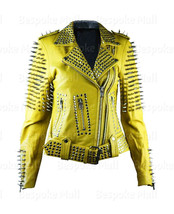 New Woman&#39;s Yellow Silver Spiked Studded Punk Cowhide Biker Leather Jacket-434 - £375.22 GBP
