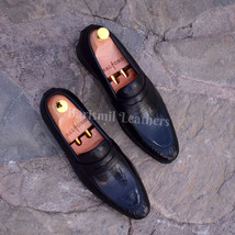 New handmade loafers black premium crocodile impression leather dress me... - $179.99+