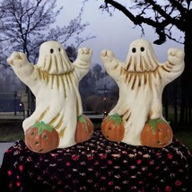 Vintage Ghost Candle Holders Pumpkin Tealight Votive Ceramic Pair Halloween 90s - £19.45 GBP