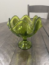 Viking Green Swung Glass Handkerchief Vase 5.75” x 6” Pedestal 6 Petal - $39.59