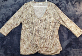 New York &amp; Company Blouse Top Womens XL Brown Animal Print Polyester Long Sleeve - £15.41 GBP