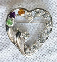 Catamore White Gold-filled Prong-Set Rhinestone Heart Brooch 1960s vint, 1 1/2&quot; - £17.38 GBP