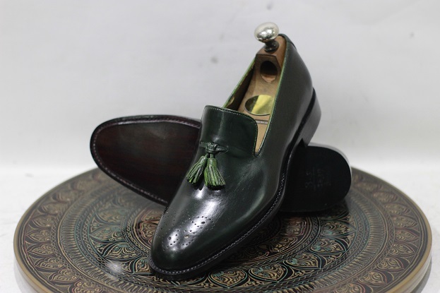 Men's Handmade Leather Shoes Green Leather Loafer Teasels Slip On Dress