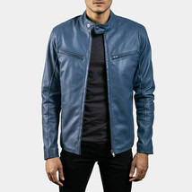 Men&#39;s Real Lambskin Leather Blue Jacket Classic Designer Jacket New Hand... - £83.80 GBP+
