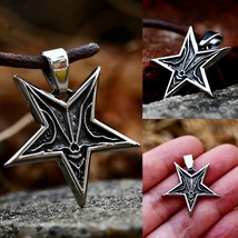 Men Baphomet Satanic Silver Inverted Pentagram Pendant Necklace Stainless Steel - £13.39 GBP