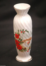 Vintage 1983 Enesco Bone China Swirl Vase w Winter Scene Poinsettia &amp; Go... - £7.73 GBP