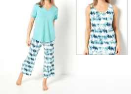 Anybody Lush Jersey 3-Piece Tee and Tank PJ Set - Teal Tie Dye, Medium - £30.96 GBP