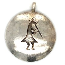 Vintage Sterling native American Hopi Kokopelli Tribal Carved Round Disc Pendant - £43.52 GBP