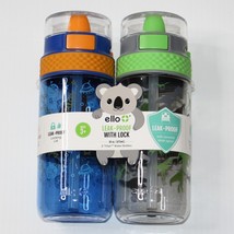 Ello 16oz 2 pk Plastic Stratus Kid&#39;s Water Bottles in Gray Dinosaur &amp; Bl... - $12.99