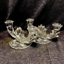 FOSTORIA Candle Holders Unusual Etched Design PAIR Double Crystal Vintage - $43.56