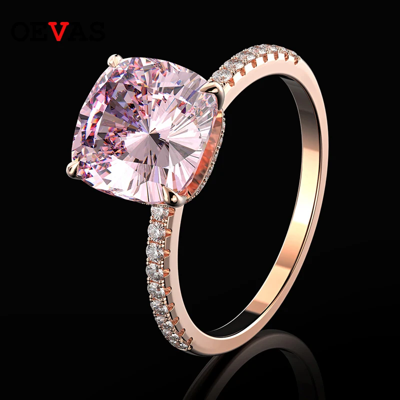 100% 925 Sterling Silver 10*10mm Pink High Carbon Diamond Rings For Women Sparkl - £42.62 GBP