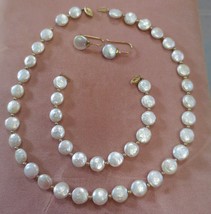 Disc shape White Mother of Pearl 14kt Gold Necklace Bracelet and Earrings set - £159.87 GBP