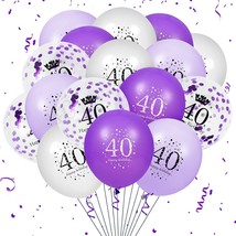 40Th Purple Birthday Balloons Decorations, 16 Pcs Purple White Confetti Latex Ba - £10.17 GBP