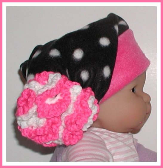 Primary image for Black And White Polka Dot Baby Hat Hot Pink Ruffled Flower Slouchy Dots