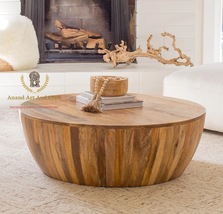 Wood Coffee Table Wooden Cocktail Table Drum Table Handmade Round Table Art - $1,489.00