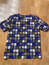 Kathy Che Vintage Blouse Shirt ~ Sz Medium Multi Color Square Print Shor... - £15.57 GBP