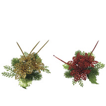 Pine And Poinsettia Pick 7 Inches, 2 Assorted Styles - £12.75 GBP