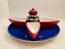 Lighthouse Nautical Chip &amp; Dip Set Condiment Bowls Appetizer Platter Bea... - £24.57 GBP