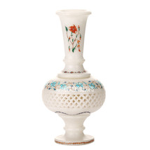 12&#39;&#39; White Marble Flower Vase Gemstone Art Inlay Grill Semi Precious Decor H3600 - £406.61 GBP