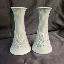 Pair Lenox Sage Green Ceramic Candlestick Holders Woodland Leaves 6&quot; Tall - £17.12 GBP